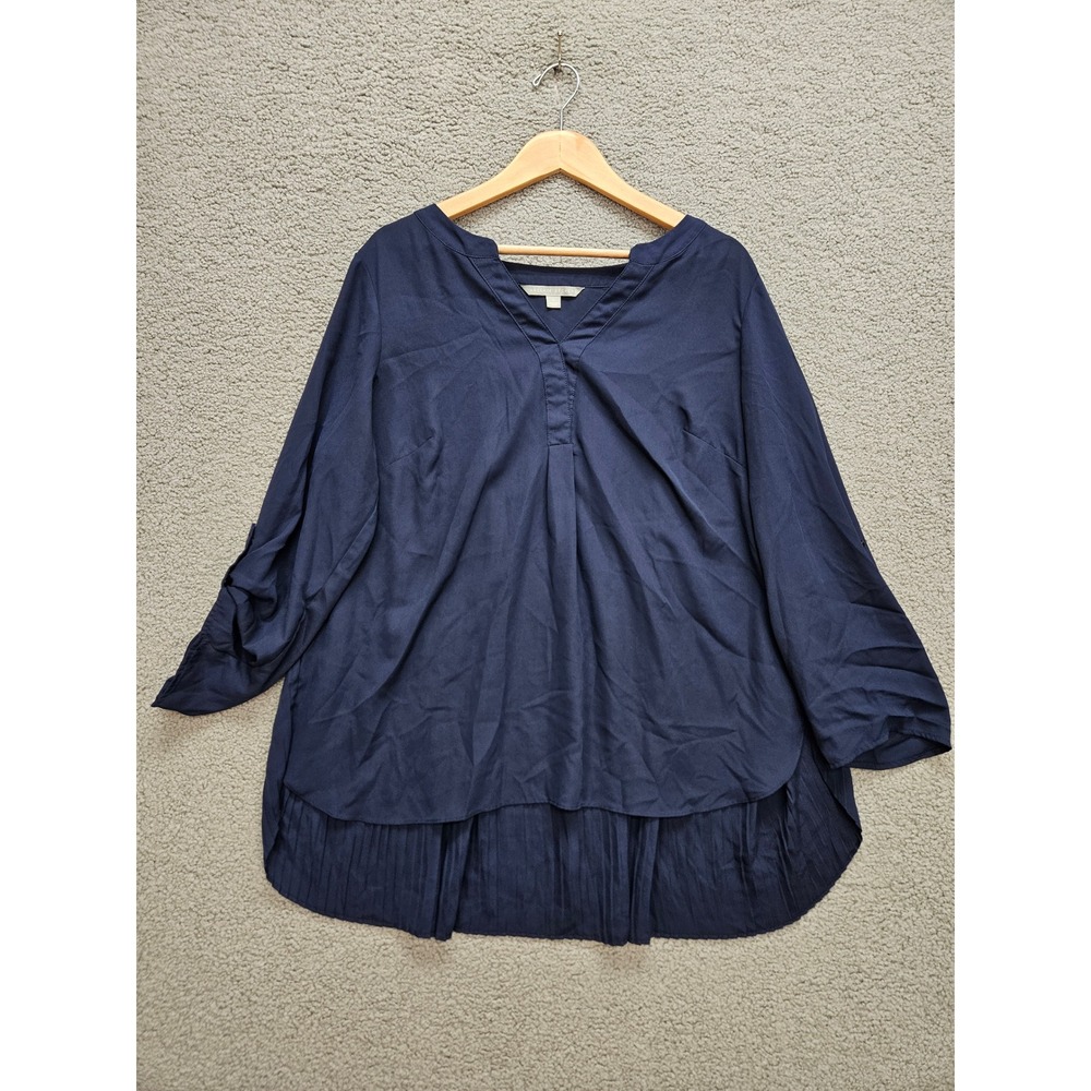 Valerie Stevens Blouse 1X Navy Blue Pleated Back Roll Tab Sleeve Tunic